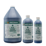 Three bottles Nature's Specialties Aloe Bluing Shampoo for dogs cats in 128oz, 32oz, 16oz sizes.