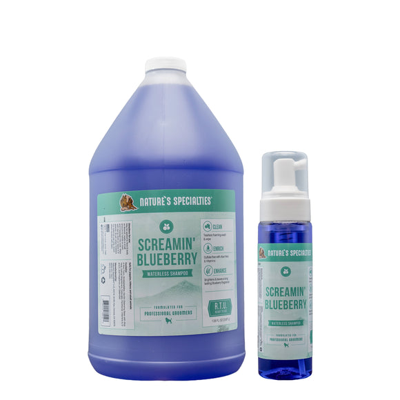 Gallon & 7.5 oz size bottles Natures Specialties Screamin Blueberry Facial Wash for pets.