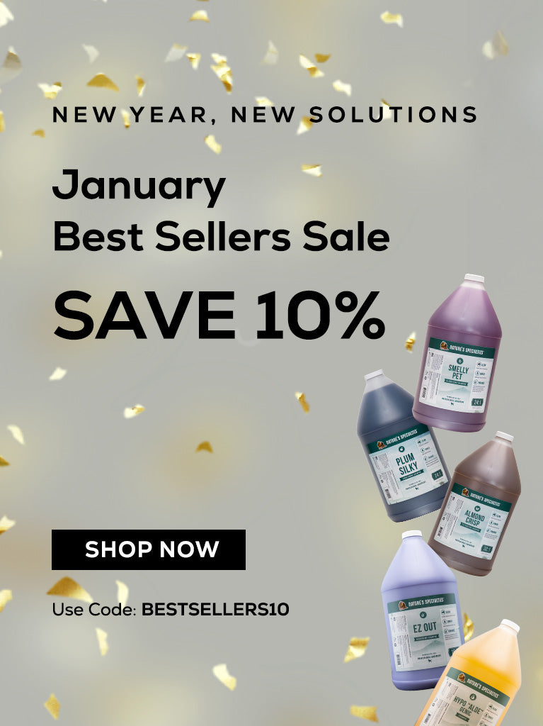 Advertisement for January Best Sellers Sale with product bottles and confetti on a light gray background.