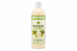 A plastic bottle of Nature's Specialties Pupstachio pet shampoo, showing the light beige liquid inside, on a solid white background.
