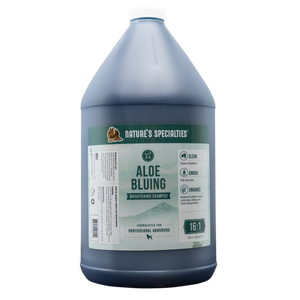 Nature's Specialties Aloe Bluing Shampoo for dogs and cats with Optical Brighteners in gallon size.