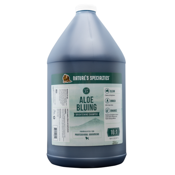 Nature's Specialties Aloe Bluing Shampoo for dogs and cats with Optical Brighteners in gallon size.