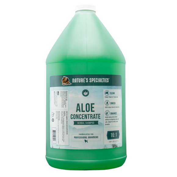 Green color Nature's Specialties Aloe Concentrate Shampoo for dogs and cats in 128 oz. gallon size.