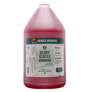 Nature's Specialties pink color Berry Gentle Tearless Shampoo for dogs cats in 128 oz gallon size.