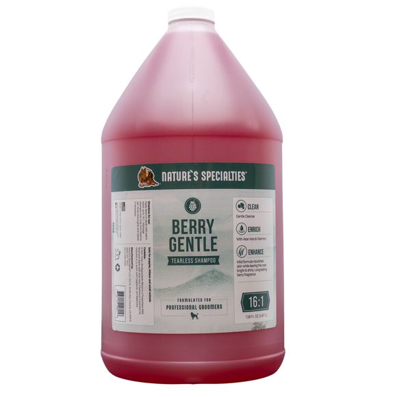 Nature's Specialties pink color Berry Gentle Tearless Shampoo for dogs cats in 128 oz gallon size.