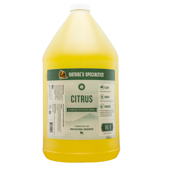 A gallon bottle of Citrus Shampoo. Fight pests with this alternative to pesticide grooming shampoo.