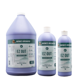 128 oz, 32 oz, and 16 oz bottles of EZ Out Deshedding Shampoo for dogs and cats.