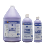 Bottles of purple Nature's Specialties EZ Shed Conditioner in 128oz, 32oz, and 16oz sizes.