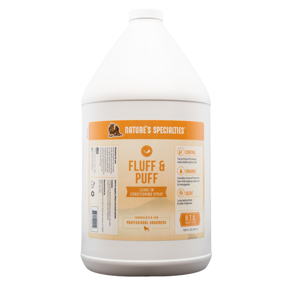 128oz size bottle Nature's Specialties Fluff & Puff Re-Moisturizing Spray for dogs and cats.