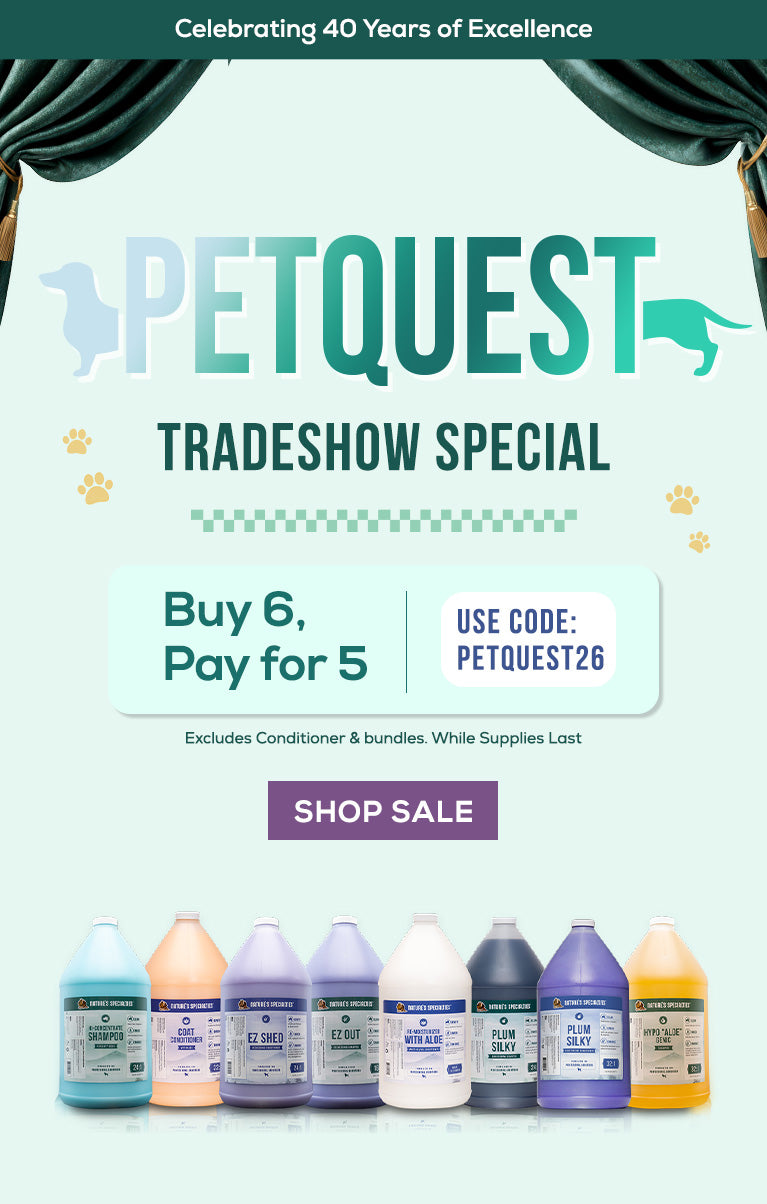 PetQuest tradeshow special advertisement with pet care products and promotional text.