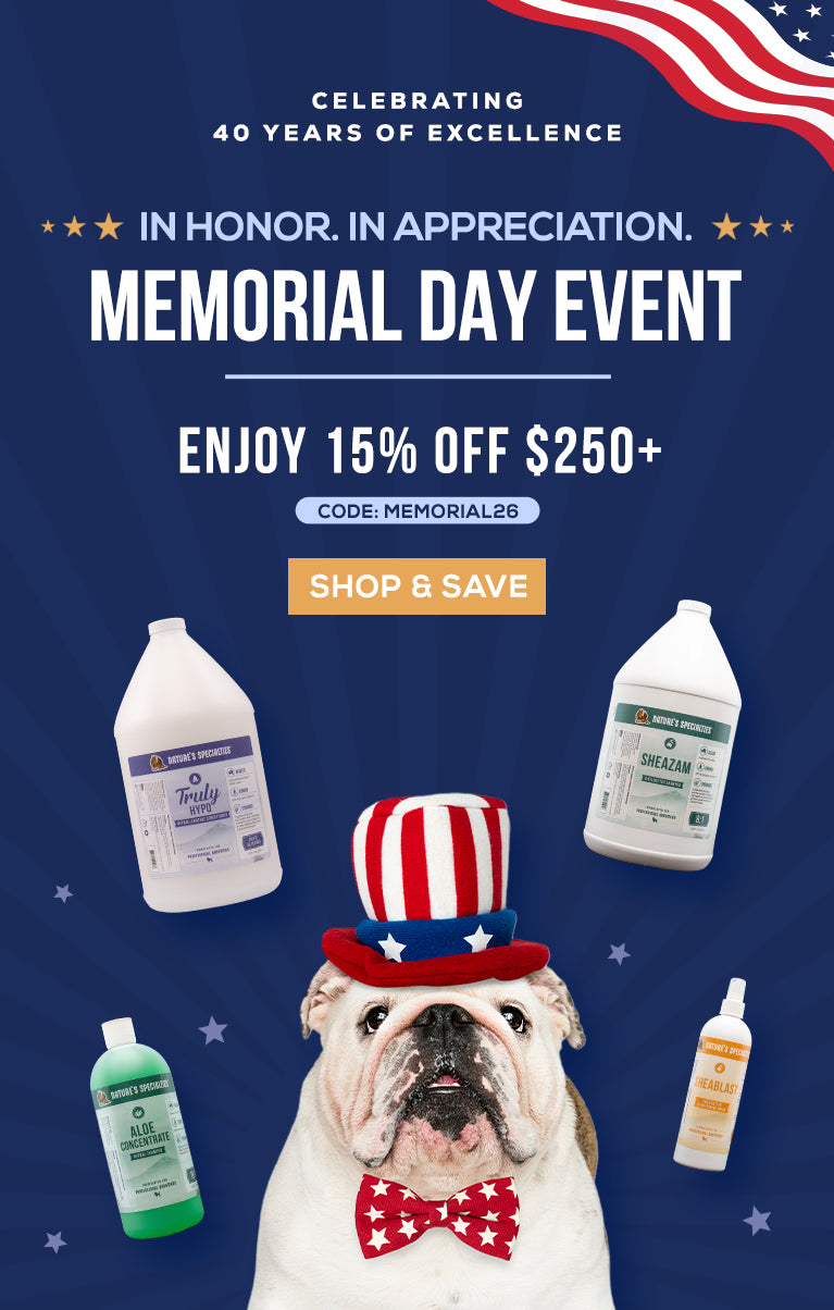 Promotional poster for a Memorial Day event with a dog wearing an American flag hat and products on a blue background.