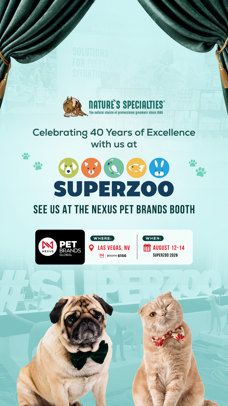Promotional poster for Nature's Specialties Superzoo pet brand event, featuring a pug and a cat dressed in bows and collar, with a light blue background, green curtains, and event details including a No. 1 Pet Brands rating badge.