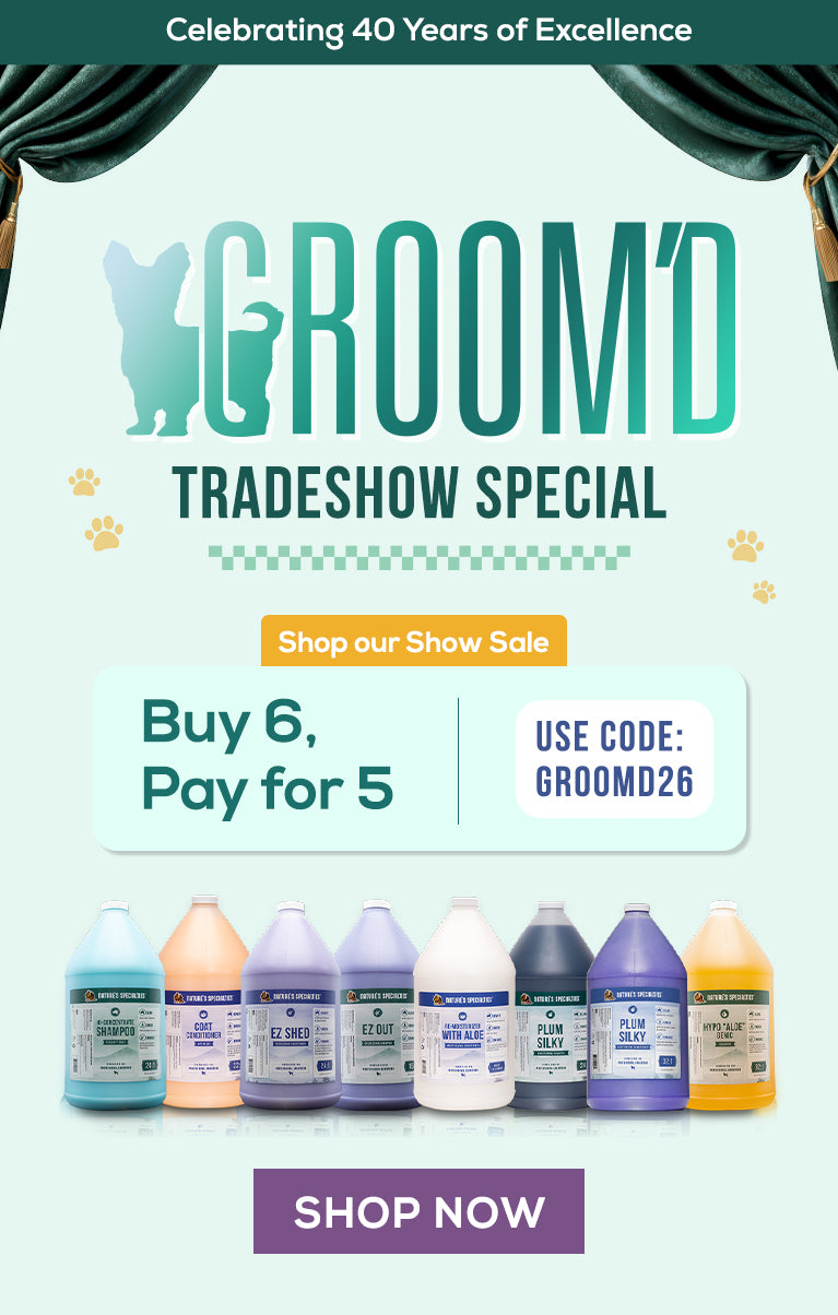 Advertisement for Groom'd trade show special with product bottles and promotional text.