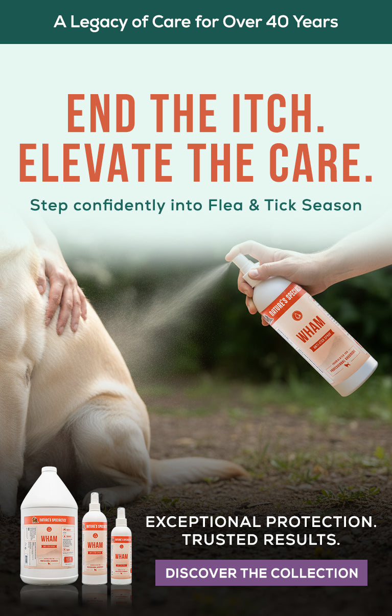 Advertisement for a flea and tick treatment product with a person spraying a dog and text about exceptional protection.