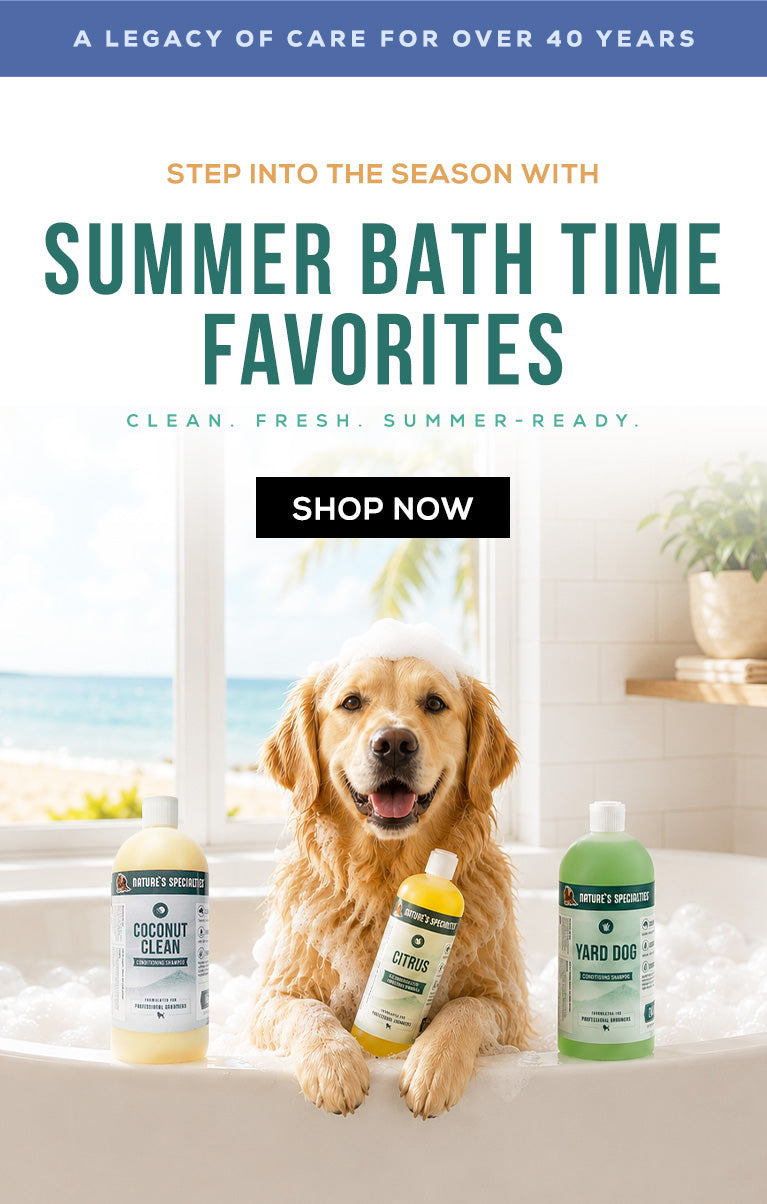 Dog in a bathtub with bath products and promotional text for summer bath time favorites.