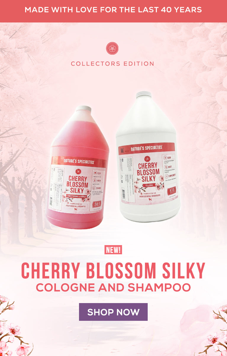 Two bottles of Cherry Blossom Silky cologne and shampoo with a cherry blossom background.