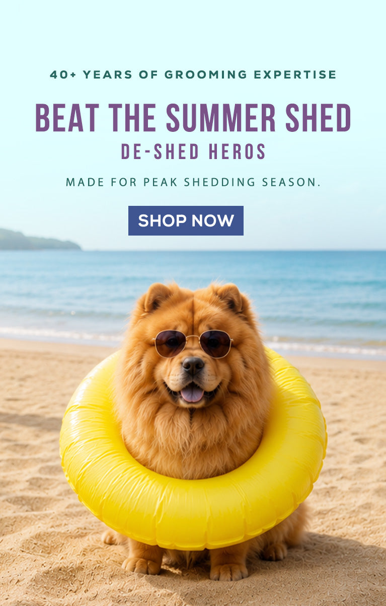 Dog wearing sunglasses and a yellow life buoy on a beach with promotional text about grooming products.