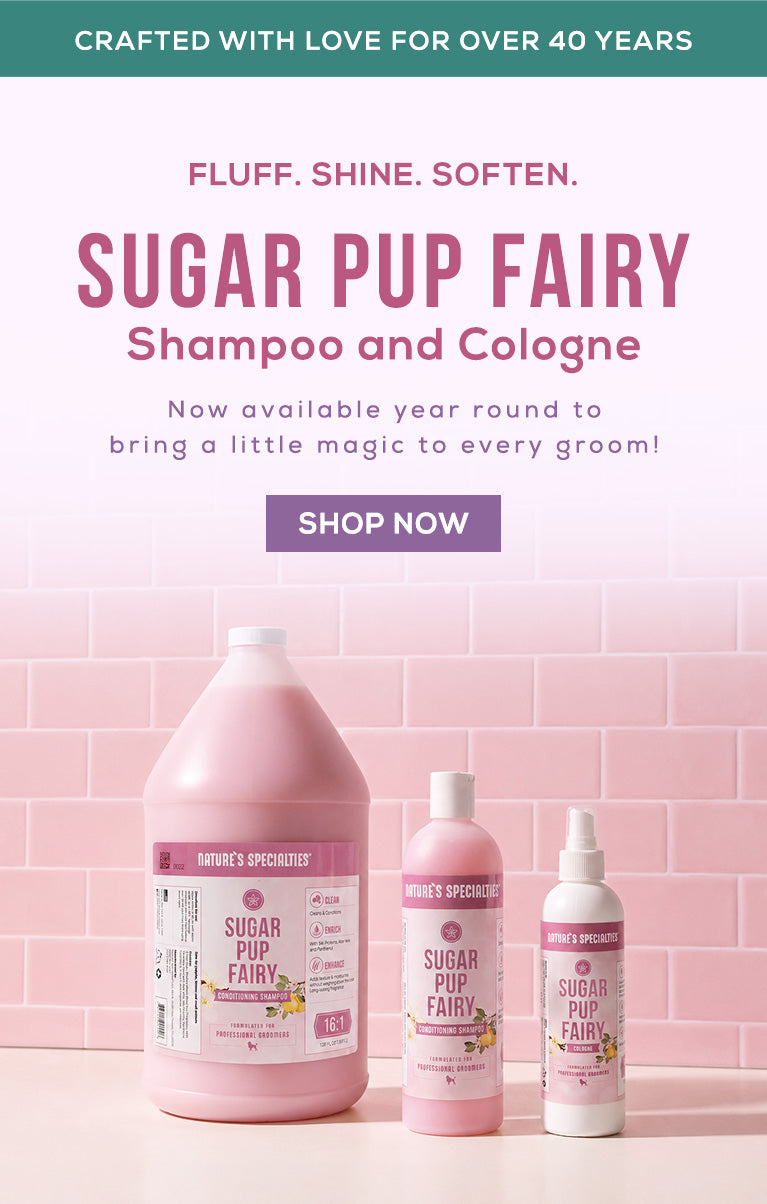 Advertisement for Sugar Pup Fairy Shampoo and Cologne with product bottles on a pink tiled background.