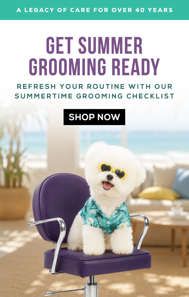 Dog in a salon chair with sunglasses and a shirt, promoting a summertime grooming checklist.