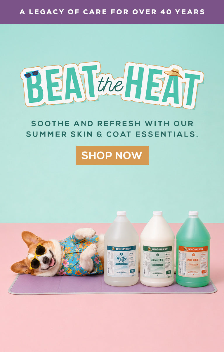 Promotional graphic for pet grooming products with a dog lying on a mat and bottles of pet care products.