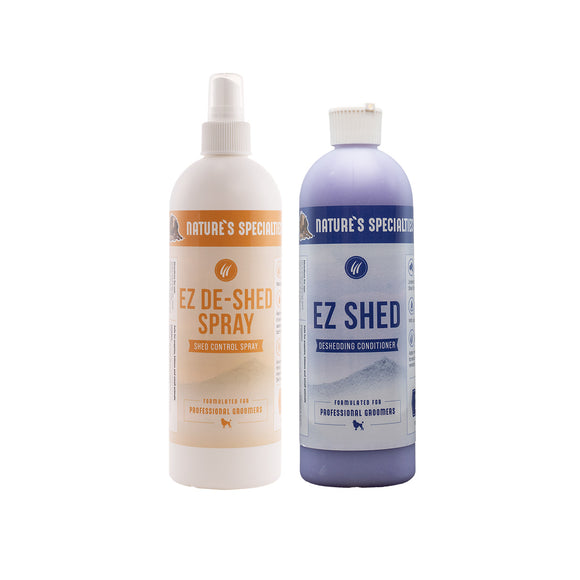 Two bottles of Nature's Specialties EZ Shed spray and conditioner on a white background