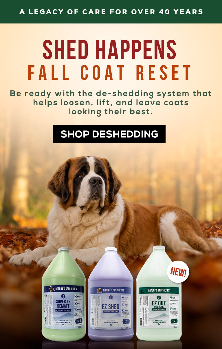 Promotional graphic for Shed Happens Fall Coat Reset by Nature's Specialties, featuring a Saint Bernard dog in an autumn forest background with three large grooming product jugs at the bottom