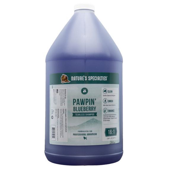 128 oz bottle of Nature's Specialties Pawpin' Blueberry Tearless face & body pet shampoo.