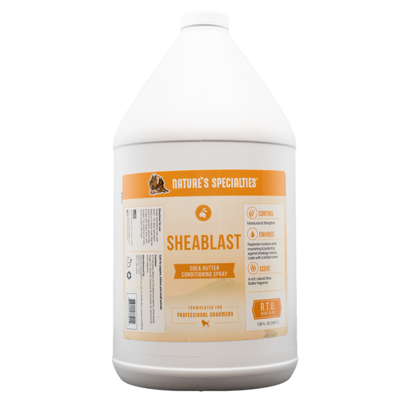 Gallon-size bottle of Nature's Specialties SheaBlast Shea Butter Conditioning Spray for pets.