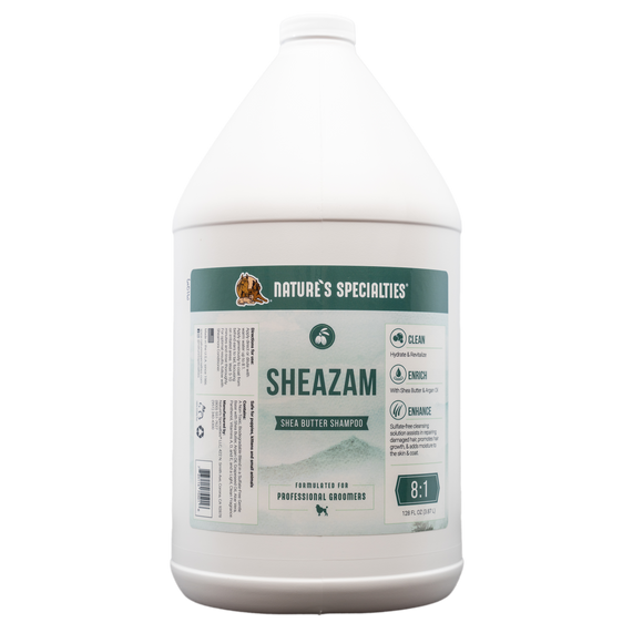 128 oz. bottle of Nature's Specialties Sheazam Shea Butter Hydrating Shampoo for dogs & cats.
