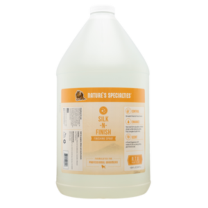 Gallon-sized bottle of Nature's Specialties Silk-N-Finish Leave-In Conditioner Spray for pets.