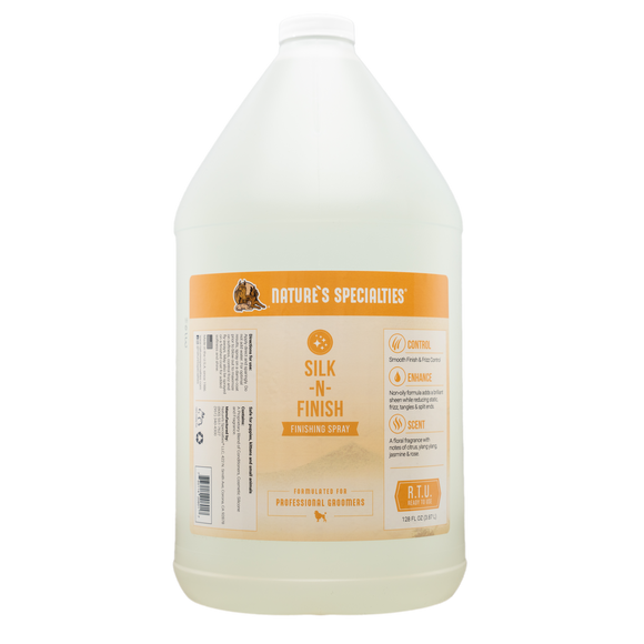 Gallon-sized bottle of Nature's Specialties Silk-N-Finish Leave-In Conditioner Spray for pets.
