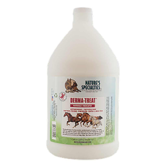 Nature's Specialties white colored Derma-Treat Shampoo for horses in 128 oz.gallon size bottle.