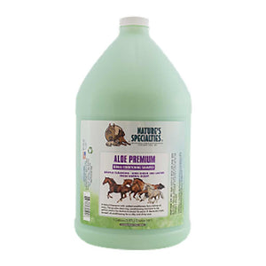 Nature's Specialties green color Aloe Premium Shampoo for horses in a 128 oz. gallon size bottle.