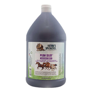 Gallon-size bottle of Nature's Specialties Plum Silky Shampoo for horses with long-lasting scent.