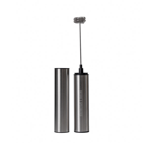 Stainless steel electric frother for pet shampoo with spring wand & device lid side by side.
