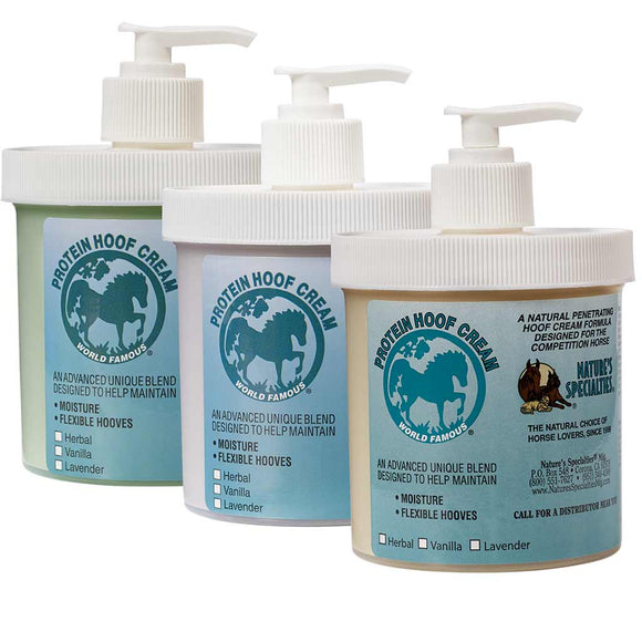 16 oz. size pump bottles of Protein Hoof Cream for horses in Herbal, Lavender, and Vanilla scents.