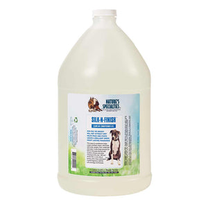 Prevent frizz with a 128 oz Natures Specialties Silk-N-Finish Leave-In Conditioning Gel for pets.