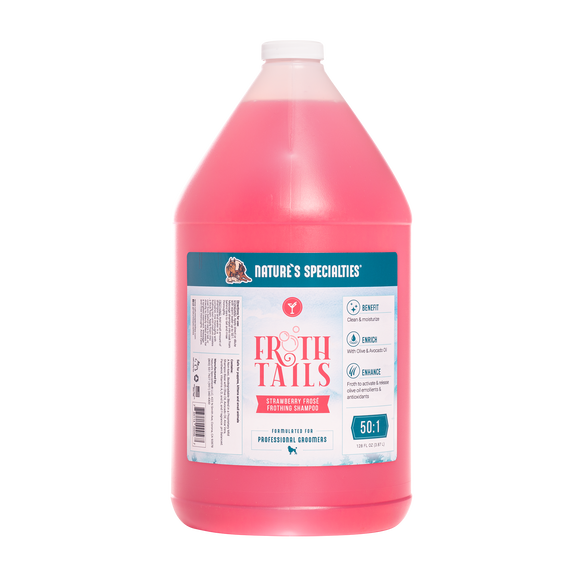 128 oz. bottle of Nature's Specialties pink Froth Tails Strawberry Frosé cat and dog shampoo.