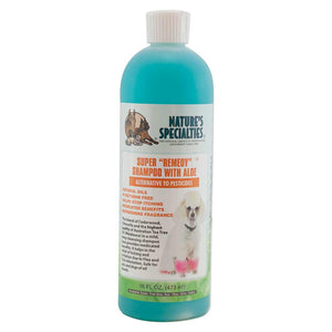 128 oz bottle of blue Nature's Specialties Super Remedy Shampoo for pest control for dogs and cats.