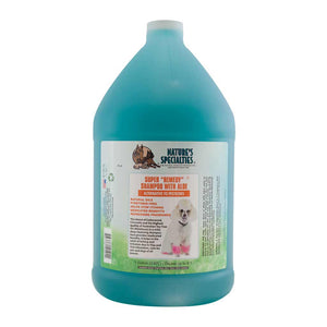 128 oz bottle of blue Nature's Specialties Super Remedy Shampoo for pest control for dogs and cats.