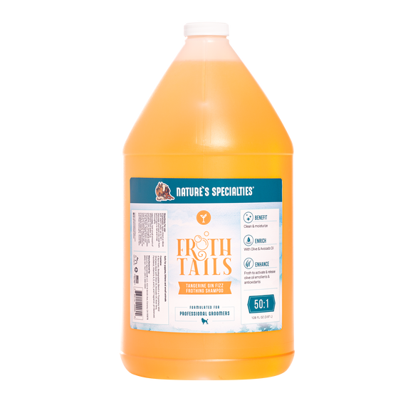 128 oz. bottle of Nature's Specialties Froth Tails Tangerine Gin Fizz cat and dog shampoo.