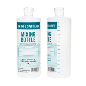 Front & side view of Nature's Specialties brand 30 oz. pet shampoo mixing bottles for groomers.