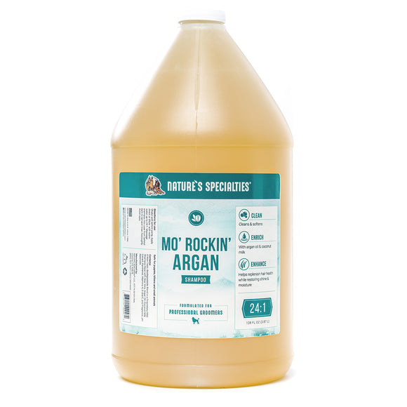 128 oz bottle of Nature's Specialties softening Mo' Rockin' Argan Shampoo for pets.