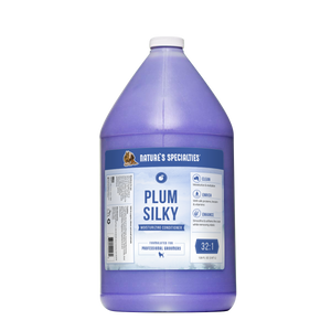 Gallon-size bottle of Nature's Specialties Plum Silky Moisturizing Conditioner for dogs & cats.