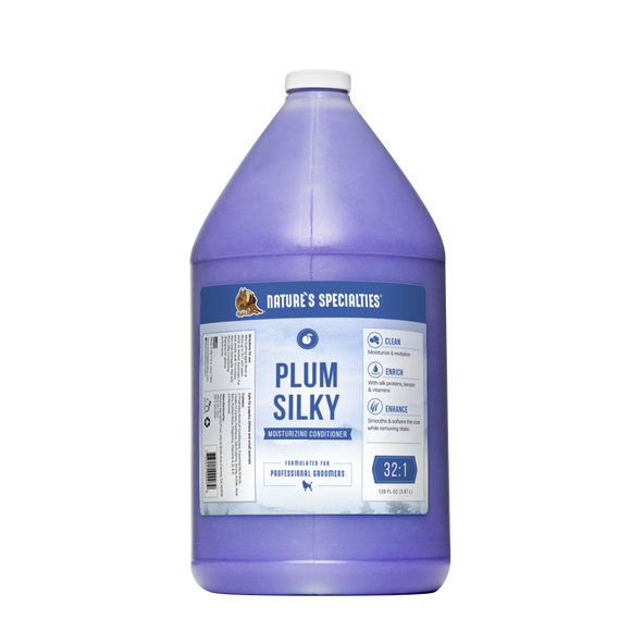 Gallon-size bottle of Nature's Specialties Plum Silky Moisturizing Conditioner for dogs & cats.