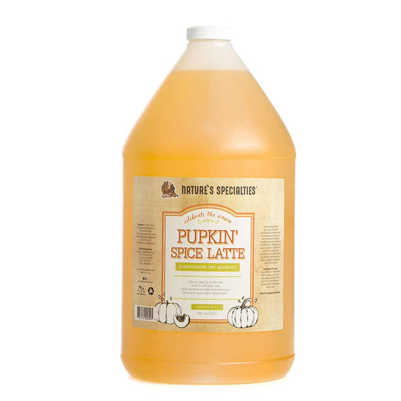 Gallon bottle of Nature's Specialties Pupkin Spice Latte Conditioning Shampoo for pets.